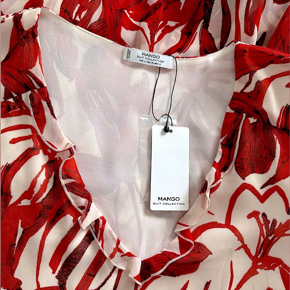 NWT Mango Suiting Red Floral V-Neck Sheer Long Sleeve Tunic Dress, Size 8 US - Picture 2 of 13
